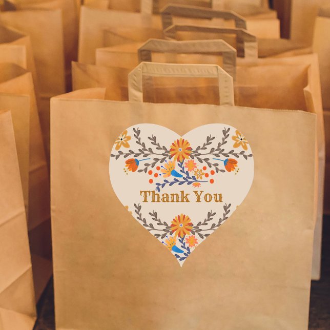 Sticker Cœur Floral mexicain Merci occidental (Heart Shaped Thank You stickers from my Mexican Floral collection)