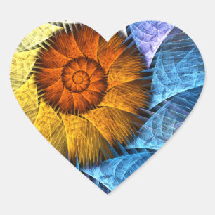Sticker Cœur Floral Orange Bleu Jaune Art Abstrait