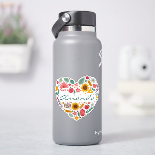 Sticker Cœur floral personnalisé avec nom, botanique perso