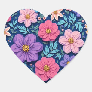 Sticker Cœur Fond floral, rose et violet,
