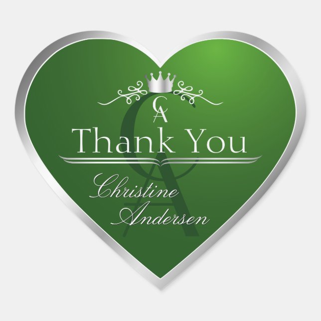 Sticker Cœur Forest Green Silver Frame and Monogram Thank You (Devant)