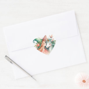 Sticker Cœur Forme de cœur Magie Sorcière Licorne Aquarelle Amo