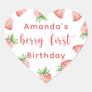 Sticker Cœur Fraises d'aquarelle 1er anniversaire