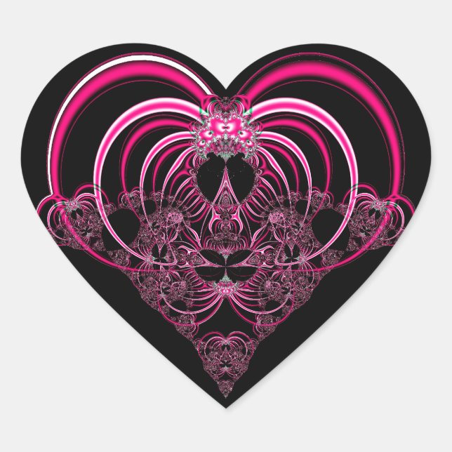 Sticker Cœur Fuchsia et coeur fractal noir (Devant)