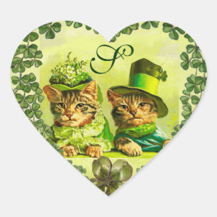 STICKER CŒUR FUNNY ST.PATRICK'S DAY CATS, COEUR SHAMROCK