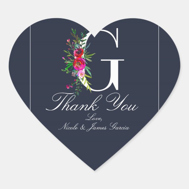 Sticker Cœur G Monogramme Dernier initial bleu Floral Mariage (Devant)