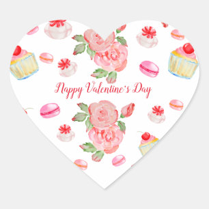 Sticker Cœur Gâteaux sucrés et roses en aquarelle