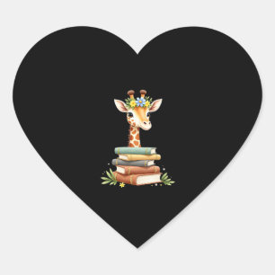 Sticker Cœur Girafe Mignonne Avec Livre Floral Bibliophile Bibl