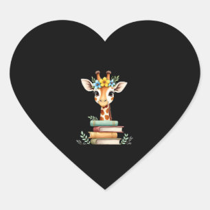 Sticker Cœur Girafe Mignonne Avec Livre Floral Bookworm Bibliot