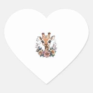 Sticker Cœur Giraffe Adorable Entourée De Fleurs _6