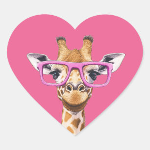Sticker Cœur Giraffe avec lunettes roses Arrière - plan rose