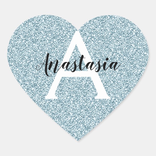 Sticker Cœur Glam Blue Silver Paillettes Monogramme Nom (Devant)