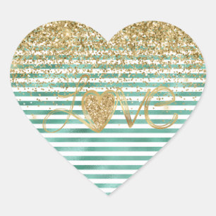 Sticker Cœur Glam Green White Stripes Gold Parties scintillant 
