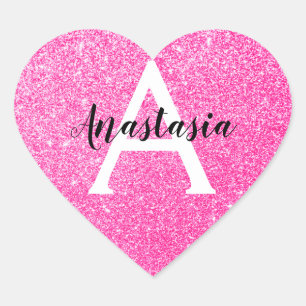 Sticker Cœur Glamour Féminin Rose Chaud Paillettes Monogramme N