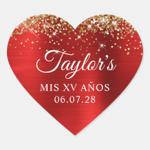 Sticker Cœur Gold Parties scintillant Rouge Foil Mis XV Anos An