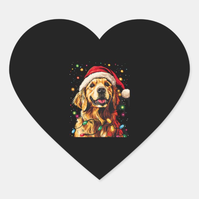 Sticker Cœur Golden Retriever Funny dog Christmas Santa Hat lig (Devant)