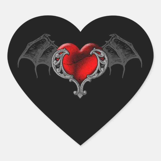 Sticker Cœur Goth Heart avec chevalet d'ailes de chauve-souris (Devant)