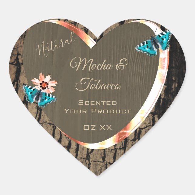 Sticker Cœur Grain en bois foncé Brown Produits Papillons Étiqu (Devant)