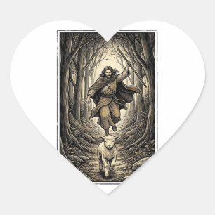 Sticker Cœur Gravure vintage berger et agneau forêt