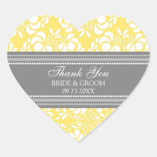 Sticker Cœur Gray Lemon Damask Merci Wedding Favor Tags