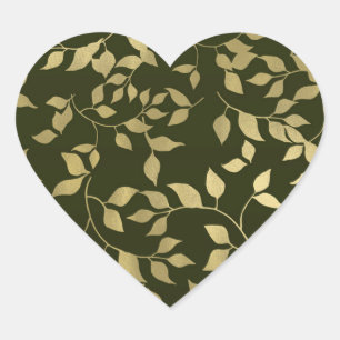 Sticker Cœur Green & Gold Faux Foil Mariage Feuille botanique