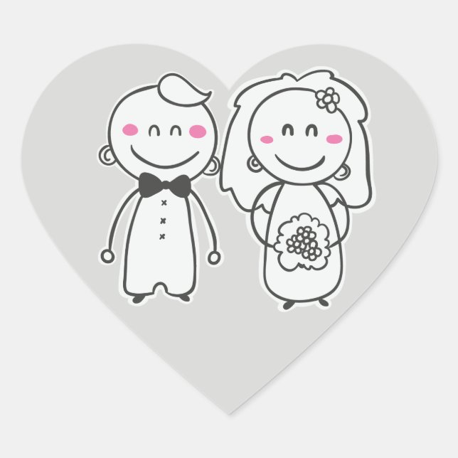 Sticker Cœur Gris et rose Mariage Cartoon Bride et Groom (Devant)