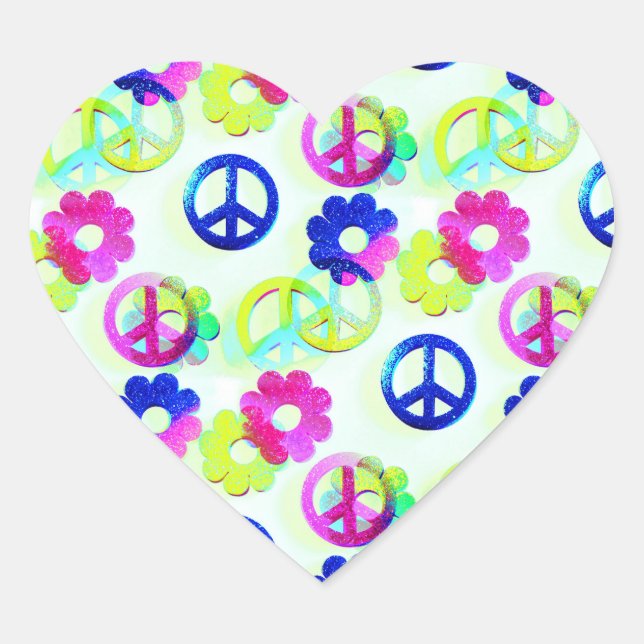 Sticker Cœur Groovy Hippie Peace Signs Flower Power Aqua (Devant)