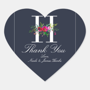 Sticker Cœur H Monogramme Dernière Initiale Moderne Fleurs Bleu