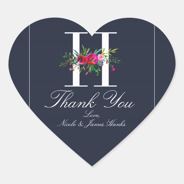 Sticker Cœur H Monogramme Dernière Initiale Moderne Fleurs Bleu (Devant)