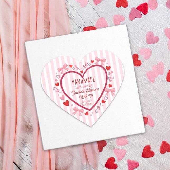 Sticker Cœur Handmade With Love Coquette Heart Thank You  (Handmade With Love Coquette Heart Thank You Business Heart-Shaped Sticker)