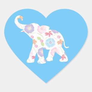 Sticker Cœur Happy Elephant Art Motif Fleur mignonne bleu uniqu