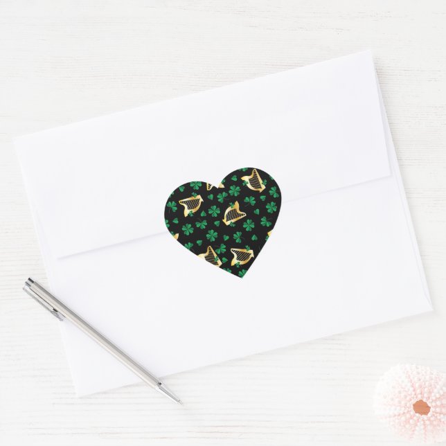 Sticker Cœur Harpes irlandaises + Shamrocks (Enveloppe)