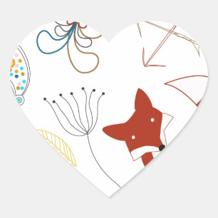 Sticker Cœur Heart Forest Fox Woodland Motif Abstrait