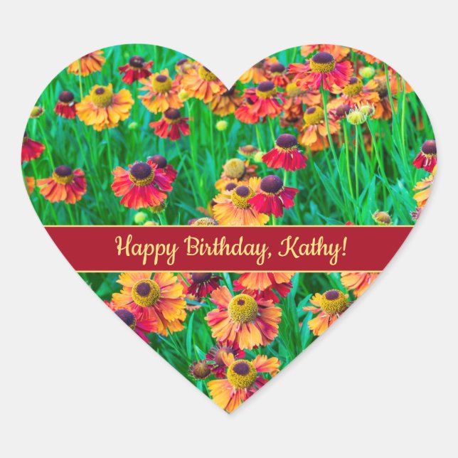 Sticker Cœur Hélénium rouge et jaune incroyablement gai (Devant)