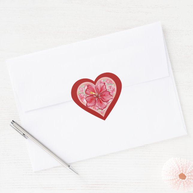 Sticker Cœur Hibiscus & dentelle RED (Enveloppe)