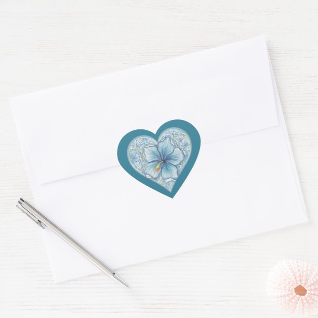 Sticker Cœur Hibiscus & dentelle TURQUOISE (Enveloppe)