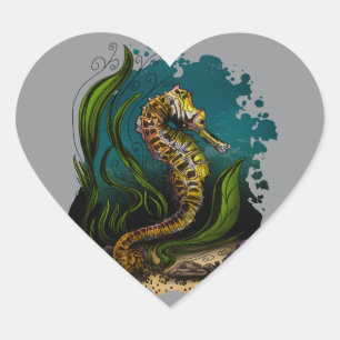Sticker Cœur Hippocampe serein sous l'eau gris fond neutre