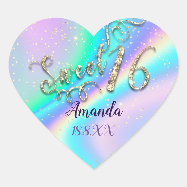 Sticker Cœur Holograph Sweet 16th Unicorn Heart Parties scintil (Devant)