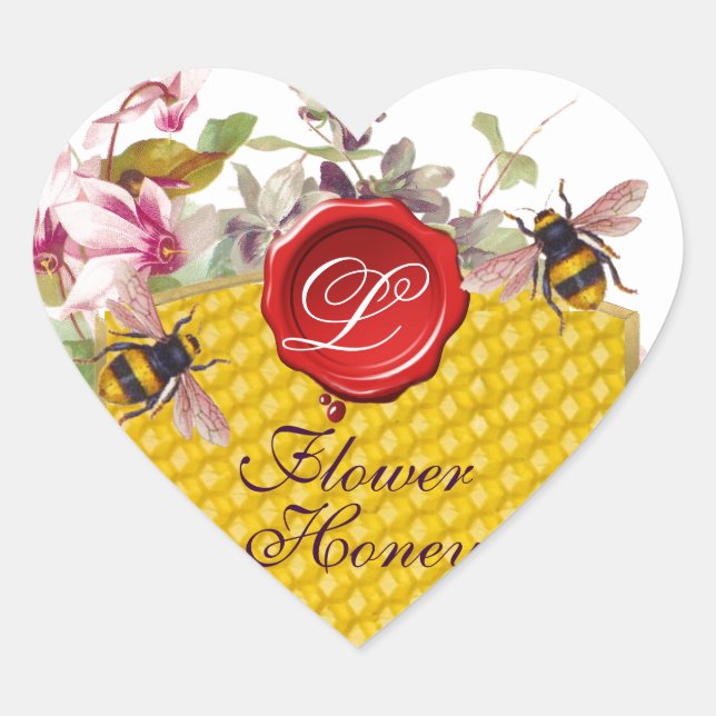 STICKER CŒUR HONEY BEE, CYCLAMENS RED WAX SEAL HEART MONOGRAS (Devant)