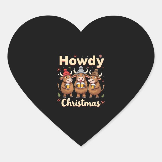 Sticker Cœur Howdy Christmas Funny Highland Cow Xmas Cows Lover (Devant)
