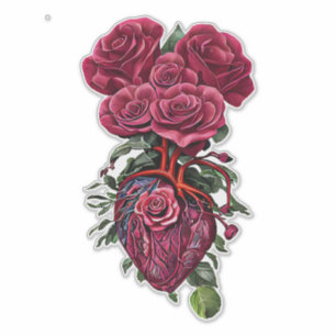 Sticker Coeur humain avec fleurs de rose rouge art surréal