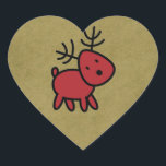 Sticker Cœur Illustration Red Christmas Reindeer<br><div class="desc">avec une illustration rouge de rennes de Noël. Festif et mignon. L'arrière - plan est une image numérique de papier kraft brun,  pas de papier kraft réel.</div>
