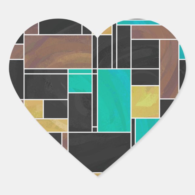 Sticker Cœur Impression noire Brown Turquoise Mondrian (Devant)