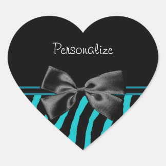 Sticker Cœur Impression Zèbre Noir Et Turquoise Avec Ruban