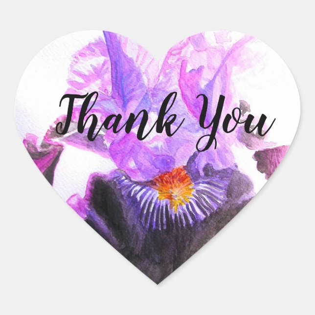 Sticker Cœur Iris Pourpre Fleur Aquarelle Floral Merci (Devant)