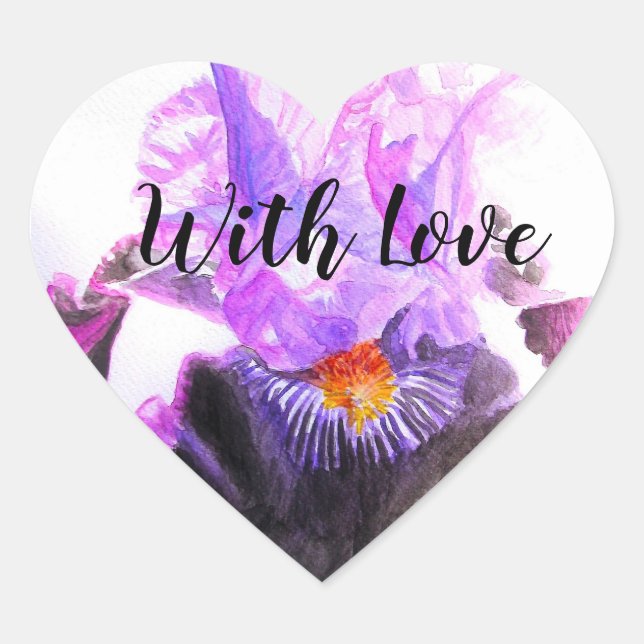 Sticker Cœur Iris Pourpre Fleur Aquarelle Florale Avec amour (Devant)