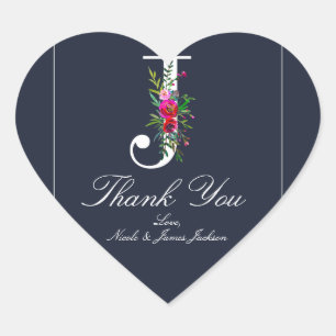 Sticker Cœur J Monogramme Initiale Moderne Fleurs Bleues Mariag
