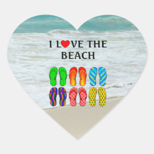 Sticker Cœur J'aime la plage, tongs,