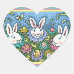 STICKER CŒUR JARDIN D'OEUFS DE PÂQUES BLANCS, FLEURS DE RABBIT