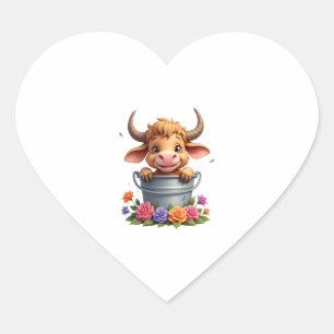 Sticker Cœur Joli bébé vache des Highlands avec fleurs Veau Ani